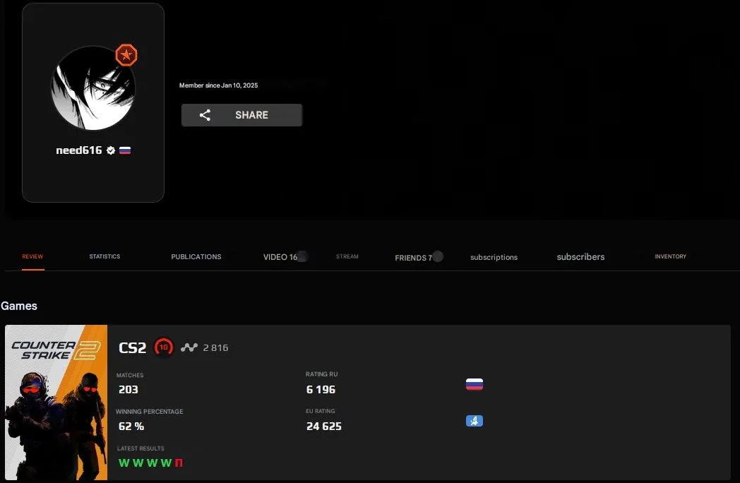 CS161 FACEIT 10 LVL + 2708 ELO + 203 Matches + Verified + Native Mail + 1K FACEIT Points 